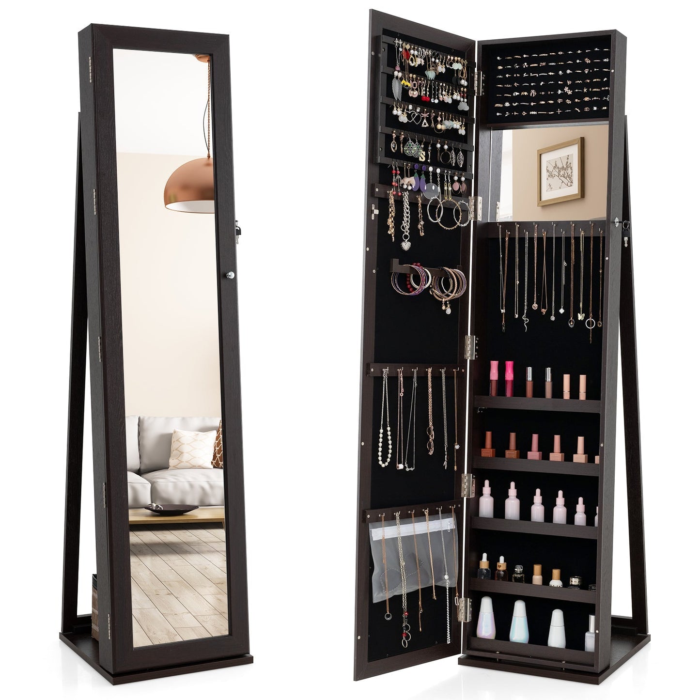 Standing Lockable Jewelry Storage Organizer with Full-Length Mirror