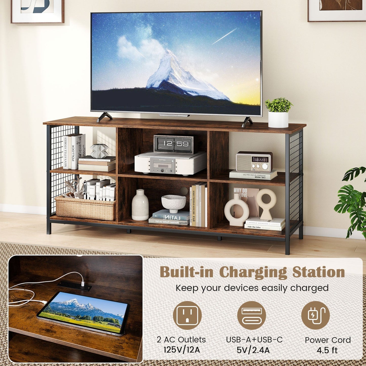 TV Stand for 65 Inch TVs-Rustic Brown and Black
