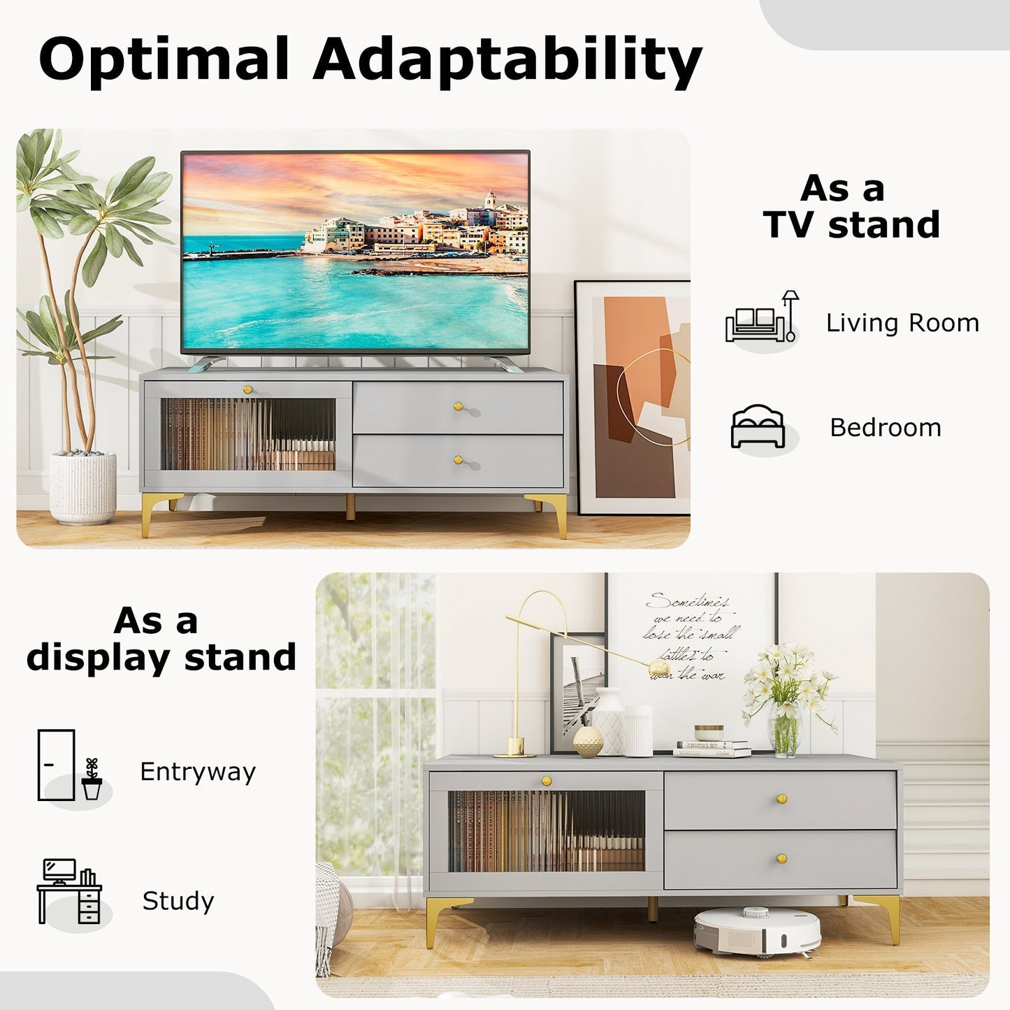 TV Stand with Compartment and Drawers for 55 Inch TV-Gray