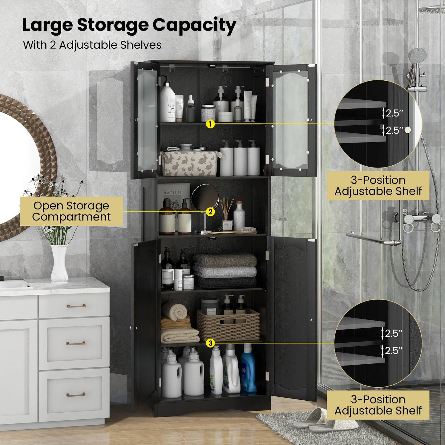 64.5 Inches Tall Bathroom Storage Cabinet with Frost Glass Doors and Shelves