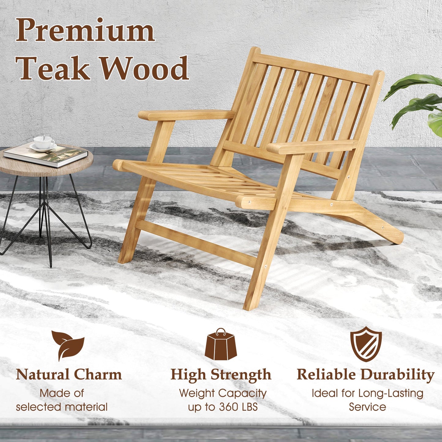 Teak Wood Outdoor Reclining Chair with Comfortable Backrest and Armrests