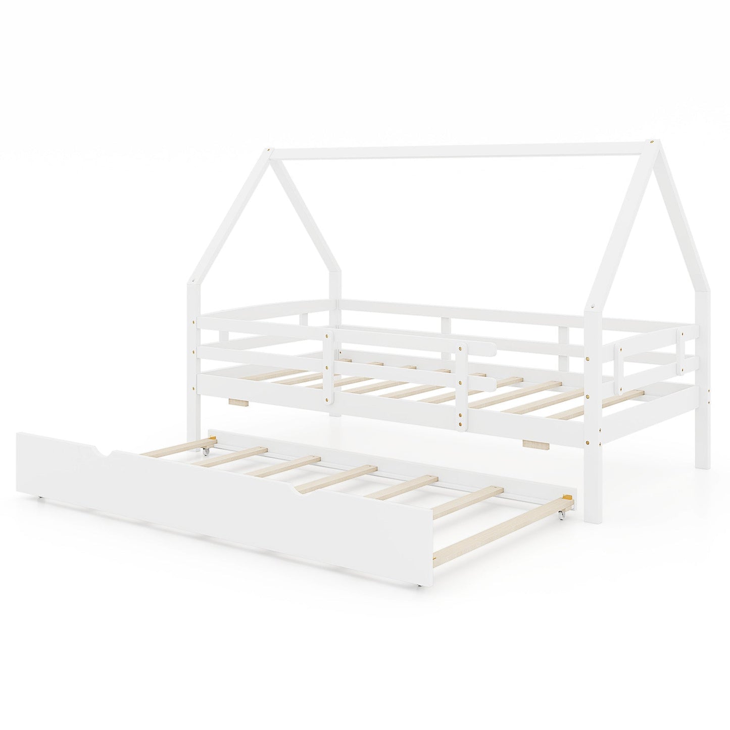 Twin House Bed with Trundle and Fence Rail