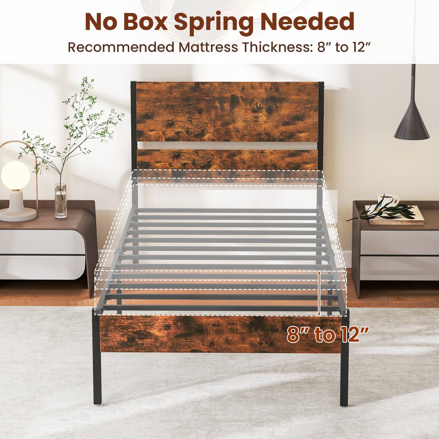 Twin/Full/Queen/King Metal Bed Frame with Wooden Headboard and Footboard-Twin Size
