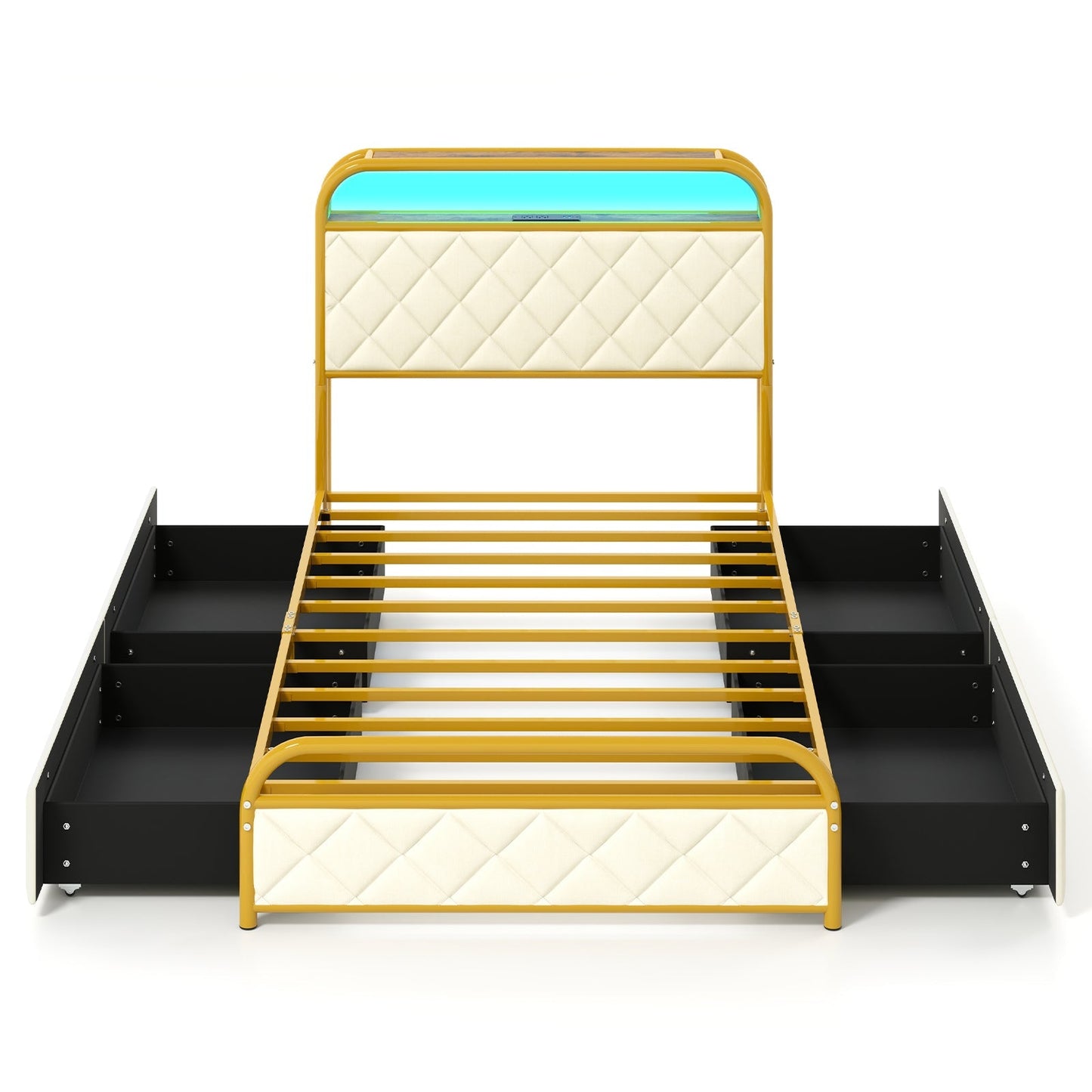 Twin/Full/Queen Size Bed Frame with LED Lights and Charging Station Gold