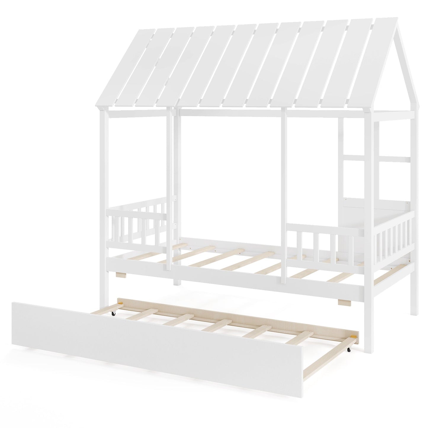 Twin Size House Bed with Trundle Kids Platform Bed with Roof Window-White