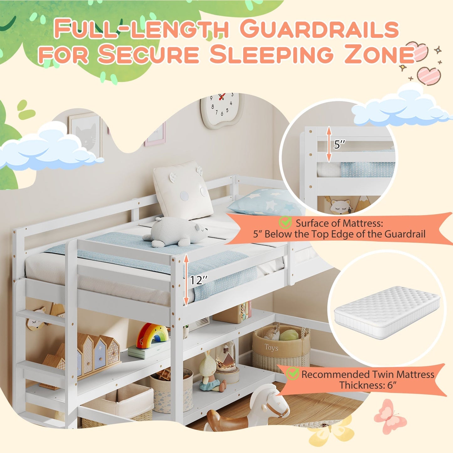 Twin Size Loft Bed with Storage Shelves Full-length Guardrails and Ladder-White