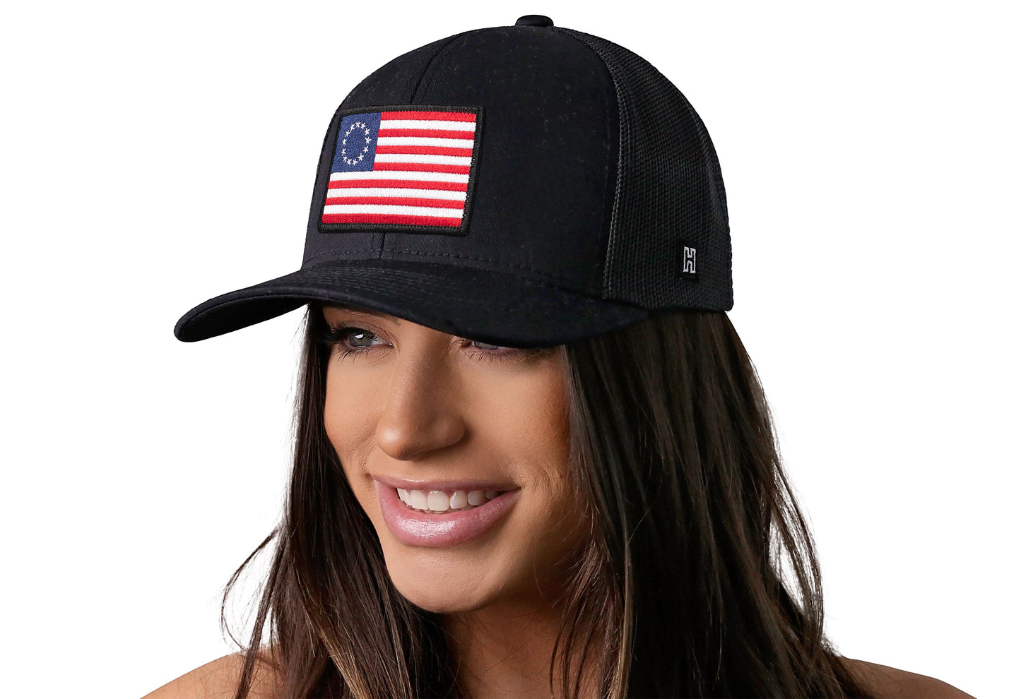 Betsy Ross Flag Trucker Hat | Black USA Snapback