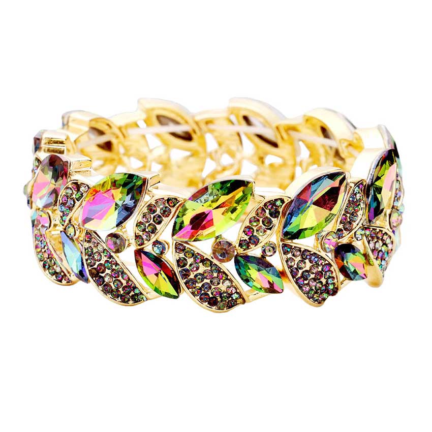 Rhinestone Pave Marquise Stone Leaf Stretch Evening Bracelet