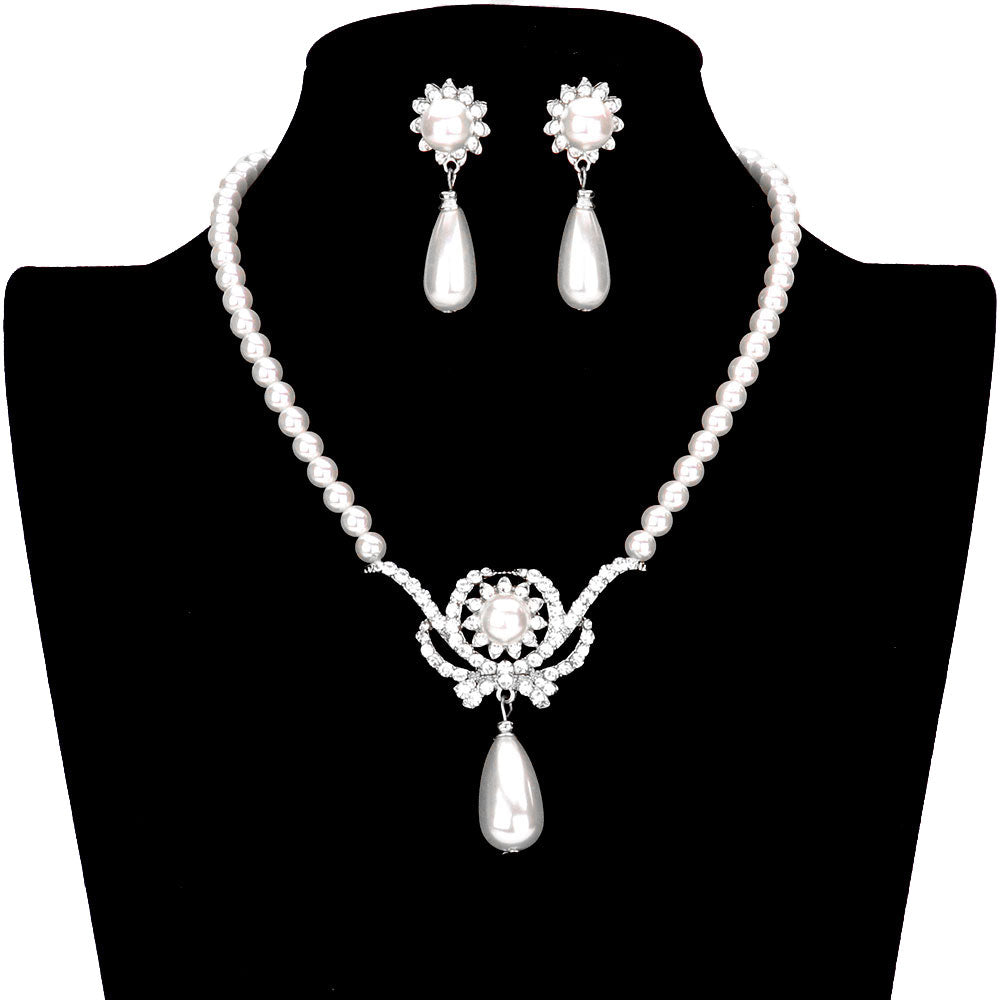 Stone Embellished Metal Pearl Link Necklace Earring Set