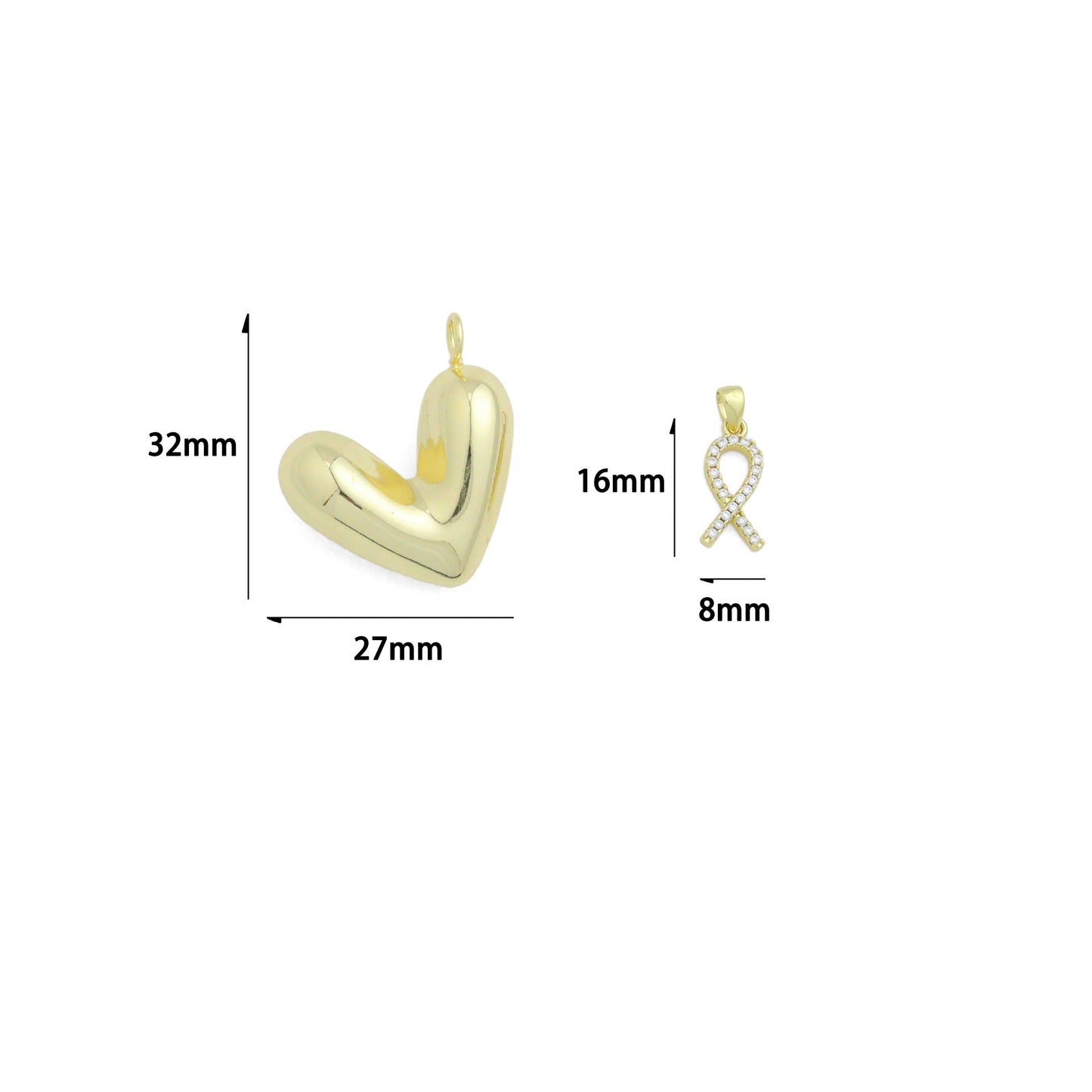 Puffy Gold Heart CZ Ribbon bow Charm Pendant, Sku#Y1044
