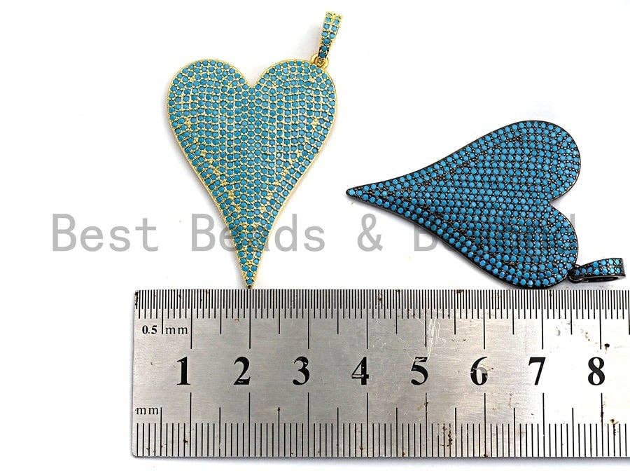 CZ Turquoise Micro Pave Large Heart Pendant, Heart Shaped Pave Pendant, Gold/Rose Gold/Silver/Gunmetal plated, 30x41mm, Sku#X55