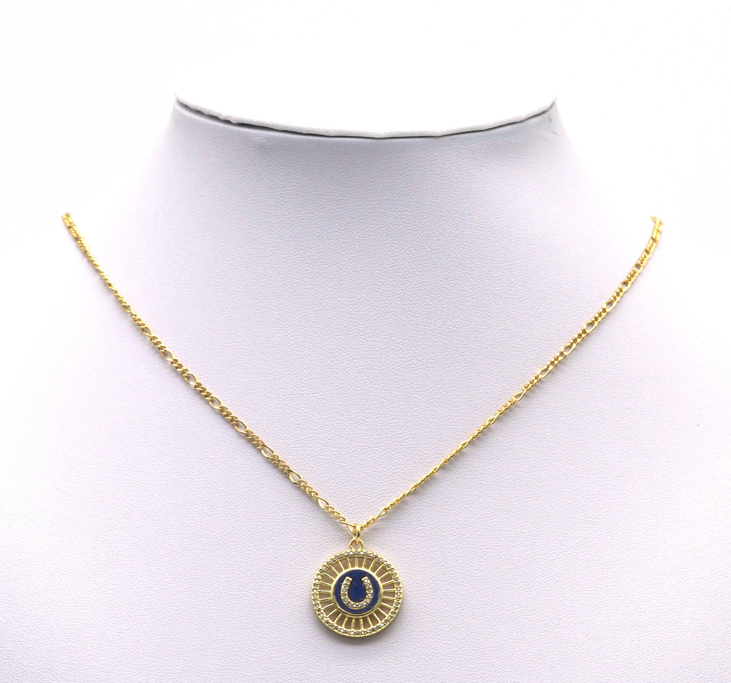 Gold CZ Horseshoe U Shape On Round Coin Charm, Sku#L695
