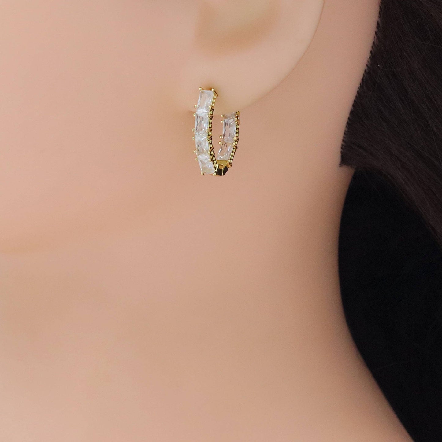 Gold Silver Baguette CZ oval shape Geometry Huggie Earrings, Sku#A239