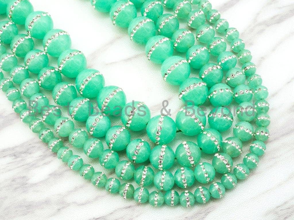 6mm/8mm/10mm/12mm Chrysoprase Jade inlaid with rhinestone,Green Color Beads, Smooth Jade Round Beads, SKU#X1C