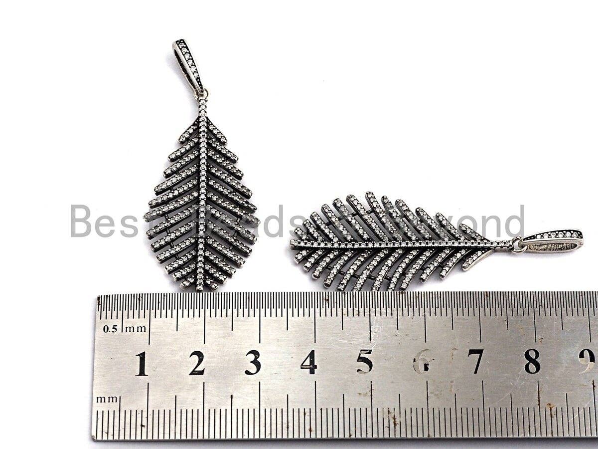 CZ Micro Pave Leaf Pendant, Antique Silver Tone, Clear Cubic Zirconia Big Pave Leaf Charm Pendant, 22x44mm,sku#F1010C