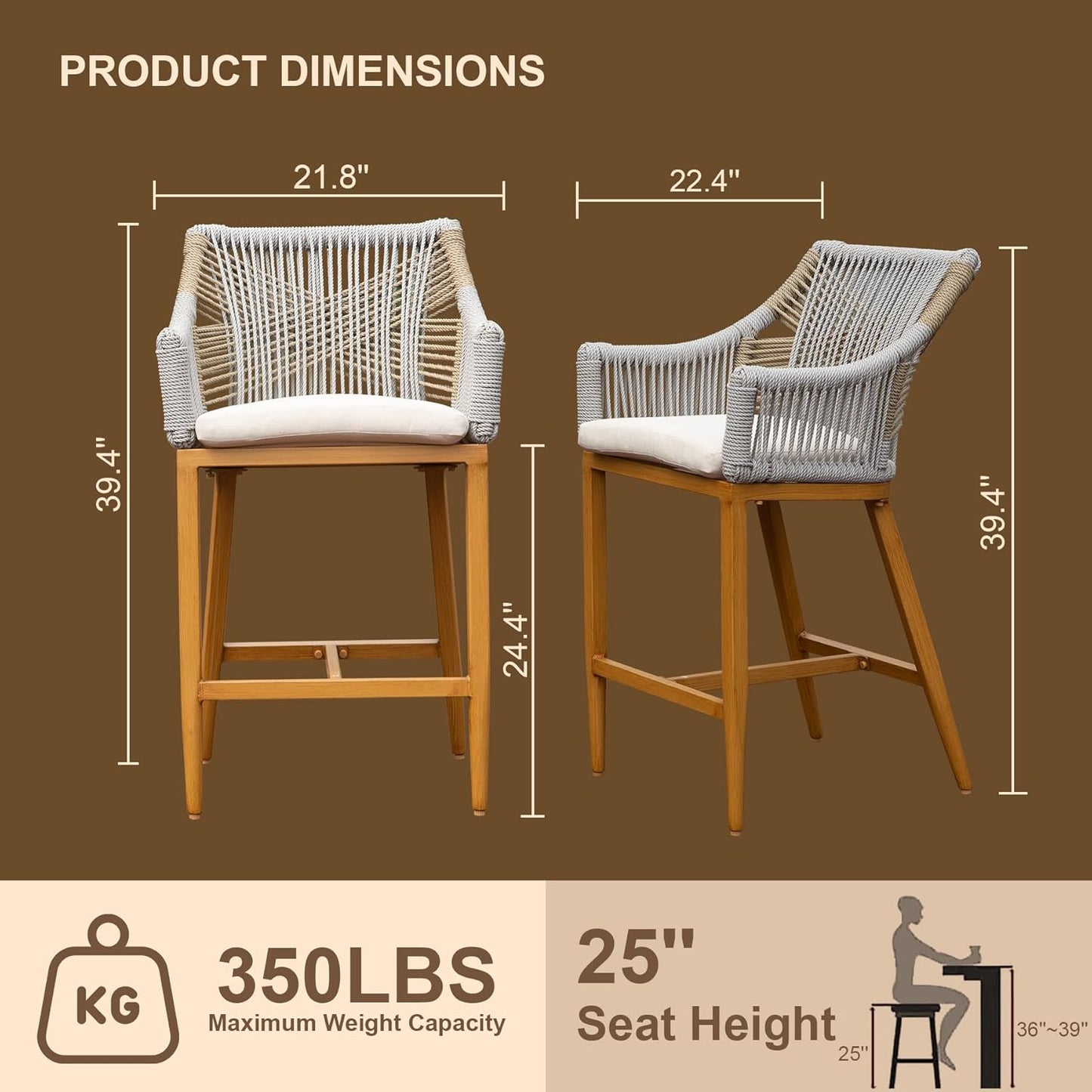 Bar Stools Set of 2, Outdoor Counter Height Bar Chairs