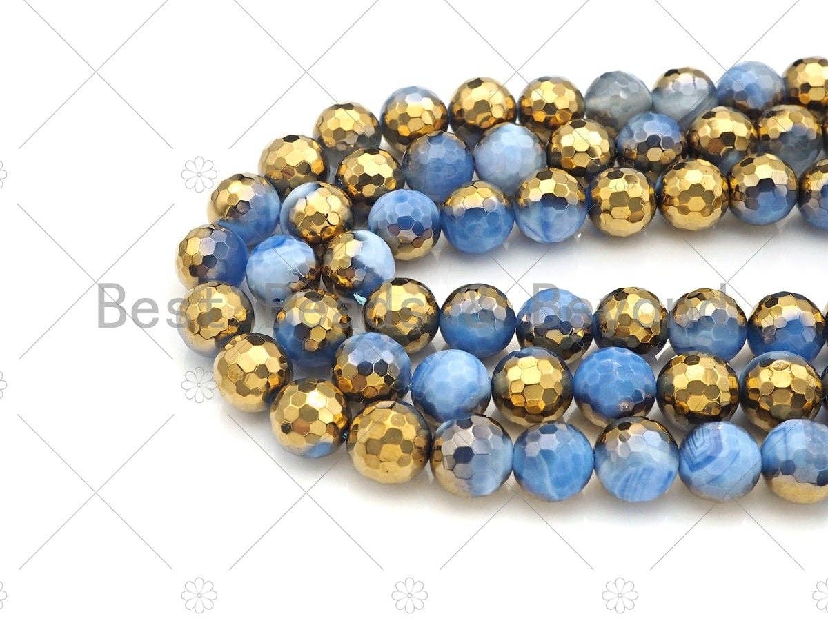 Half Gold Plated Blue Agate Beads, 8mm/10mm/12mm Round Faceted Gold Light Blue Beads, 15.5 Full Strand, sku# UA140