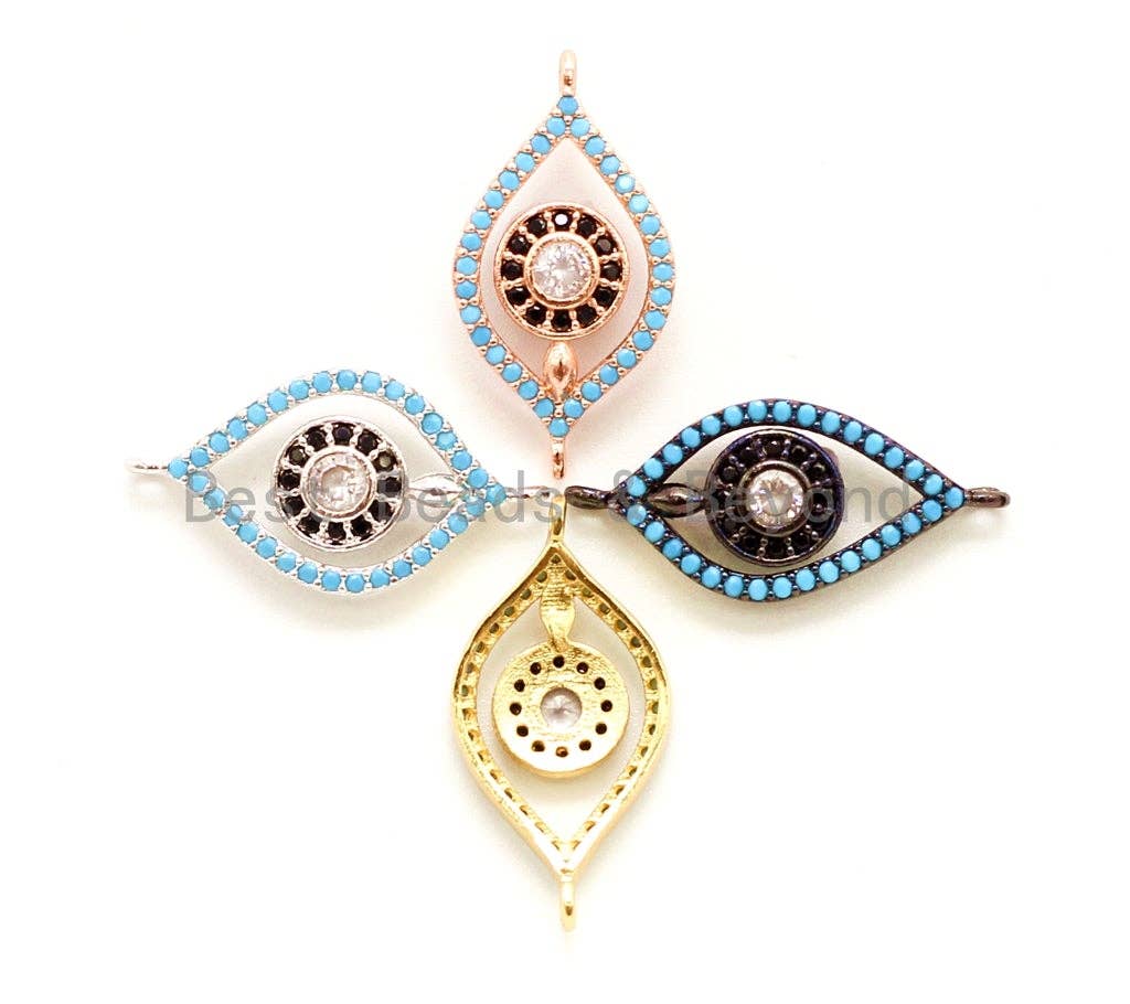 CZ Micro Pave Turquoise Evil Eye Connector for Bracelet/Necklace, Cubic Zirconia Space Connector, 12x23mm,sku#E36C
