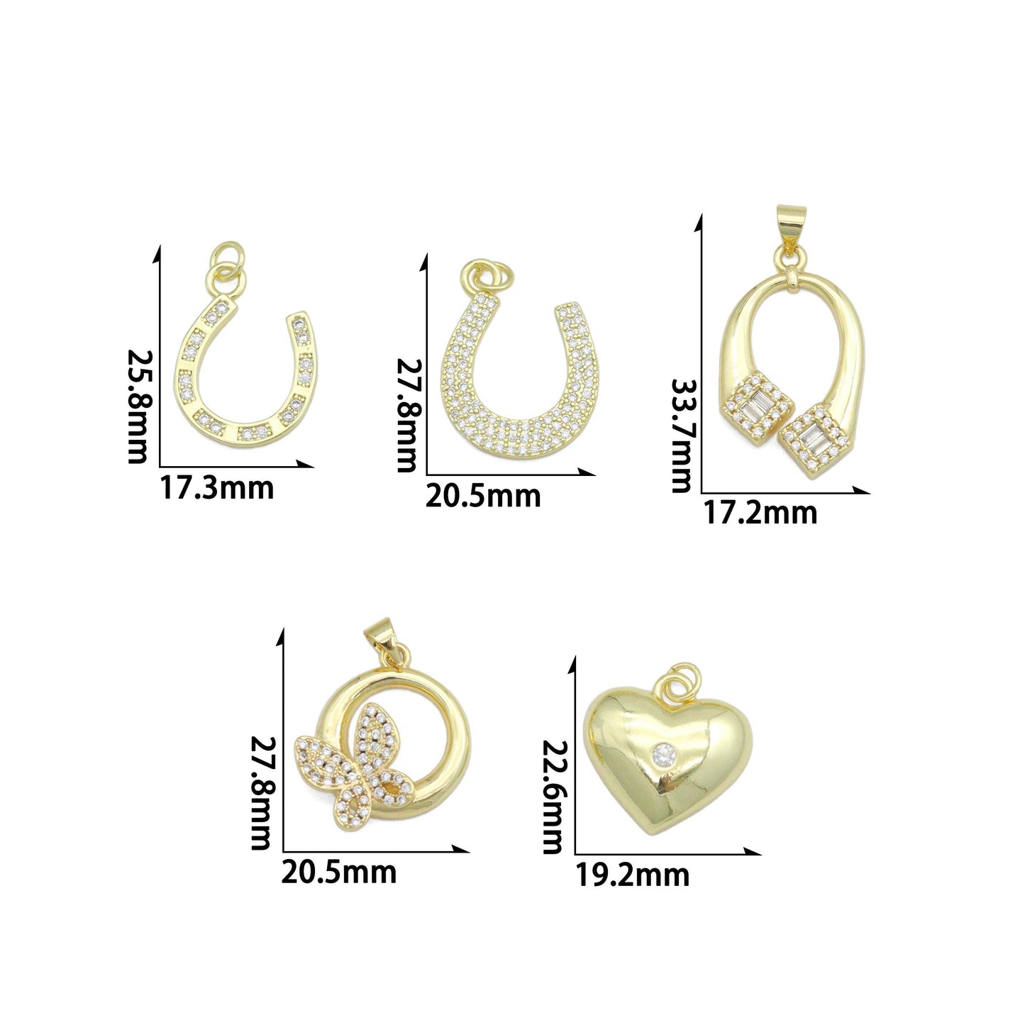 Clear CZ Gold Horseshoe Heart Butterfly Charm Pendant,Sku#LK1253