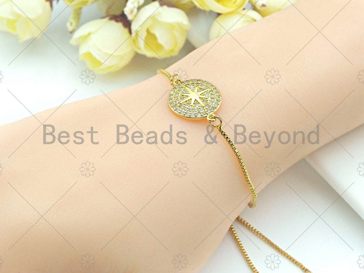 Clear CZ Micro Pave North Star on Round Shape Connector/Link, CZ Pave Bracelet Necklace Connector in Gold Finish,17x22mm,sku#LK149
