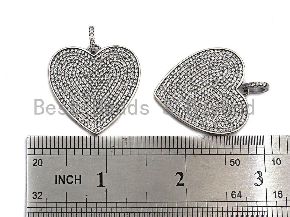 Rhidium CZ Micro Pave Heart Pendant, Heart Shaped Pave Pendant, Antique Silver Color Heart, 31x32mm, Sku#X119