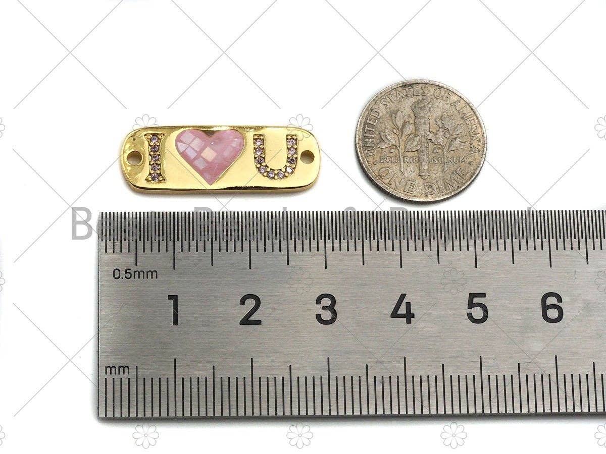 I Love you Connector, Pink Mother-of-pearl Bar Connector , Cubic Zirconia Pendant, Gold Tone,10x27 mm, Sku#LK75