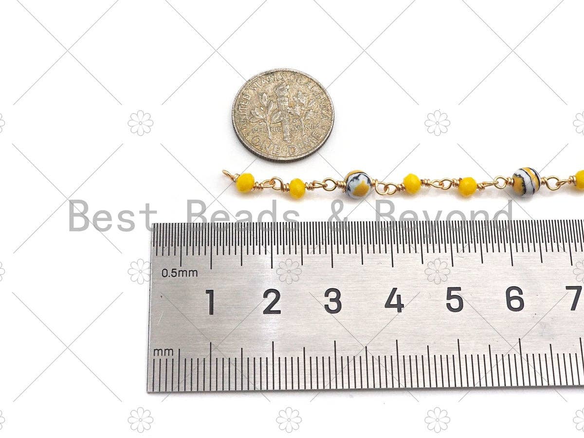 1 Foot/Yard-5mm&3mm Turquoise Yellow Round Rosary Chain- Brass Wire Wrapped Gold Plated Chain- DIY Necklace/Bracelet Link Findings, sku#V67