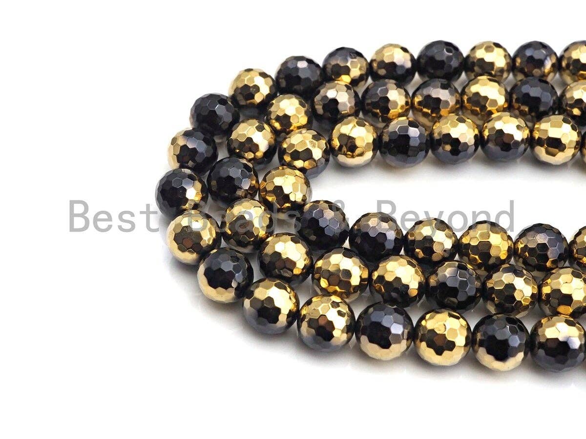 NEW!!! Natural Half Gold Plated Black Onyx Beads, 8mm/10mm/12mm Round Faceted Gold Black Onyx Beads, 15.5 Full Strand, sku# UA87