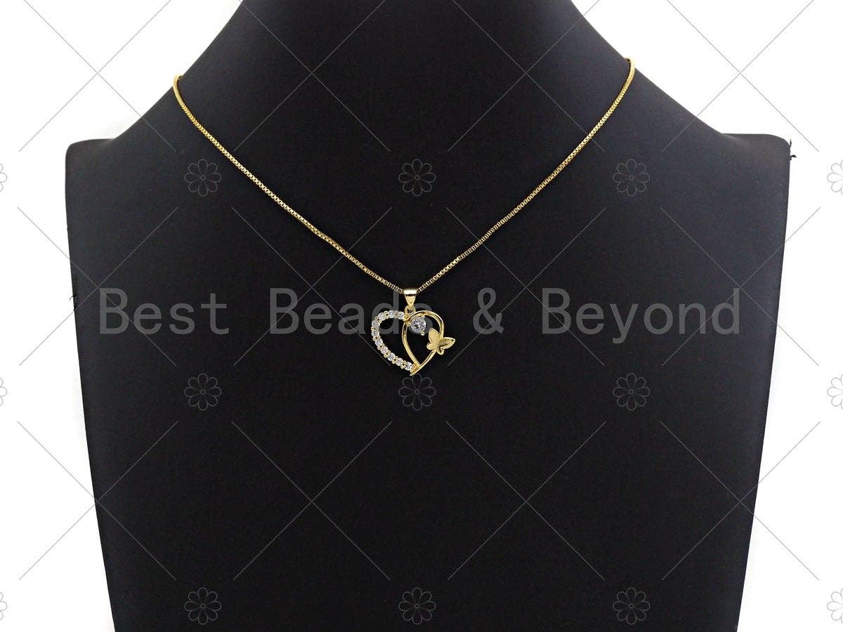 18K Gold Butterfly On Heart Shape Pendant,Heart Charm, Heart Pave Pendant, Gold plated, 19x22mm, Sku#LK52