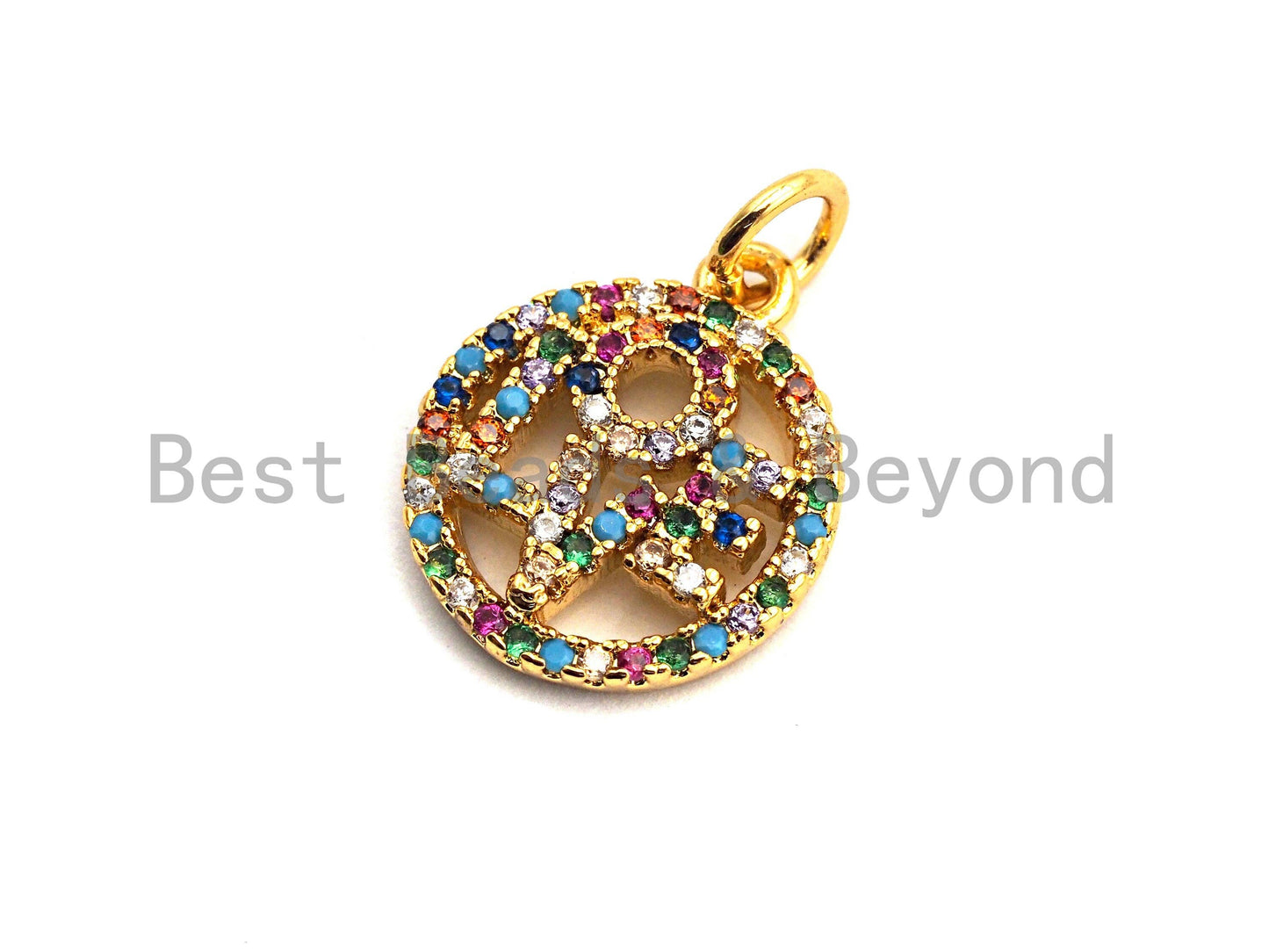 CZ Colorful Micro Pave Round With LOVE Pendant, Round Shaped Pave Pendant, Gold plated, 13x15mm, Sku#F840