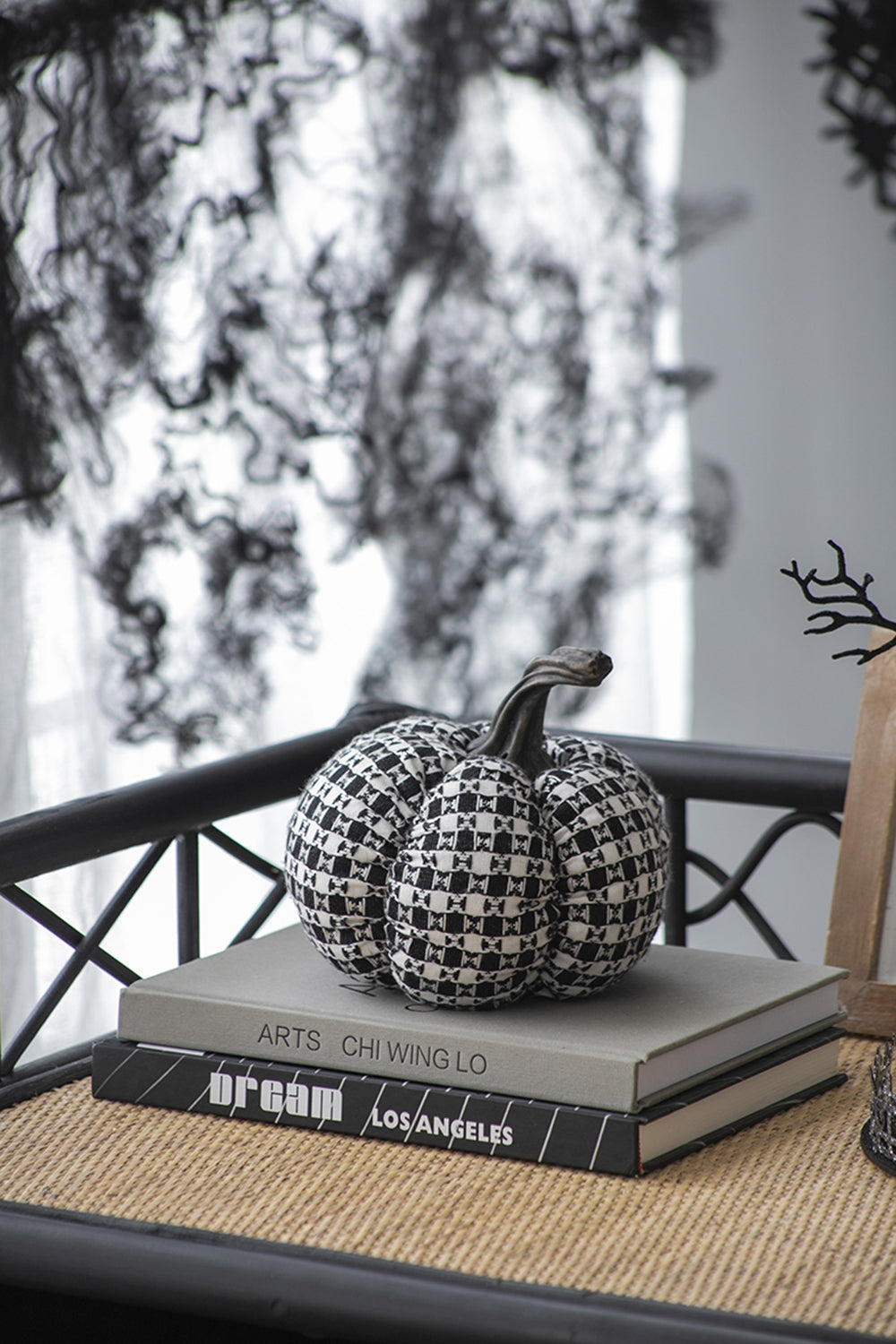 Set of 2 Fabric Black-White Plaid Pumpkin Decor
