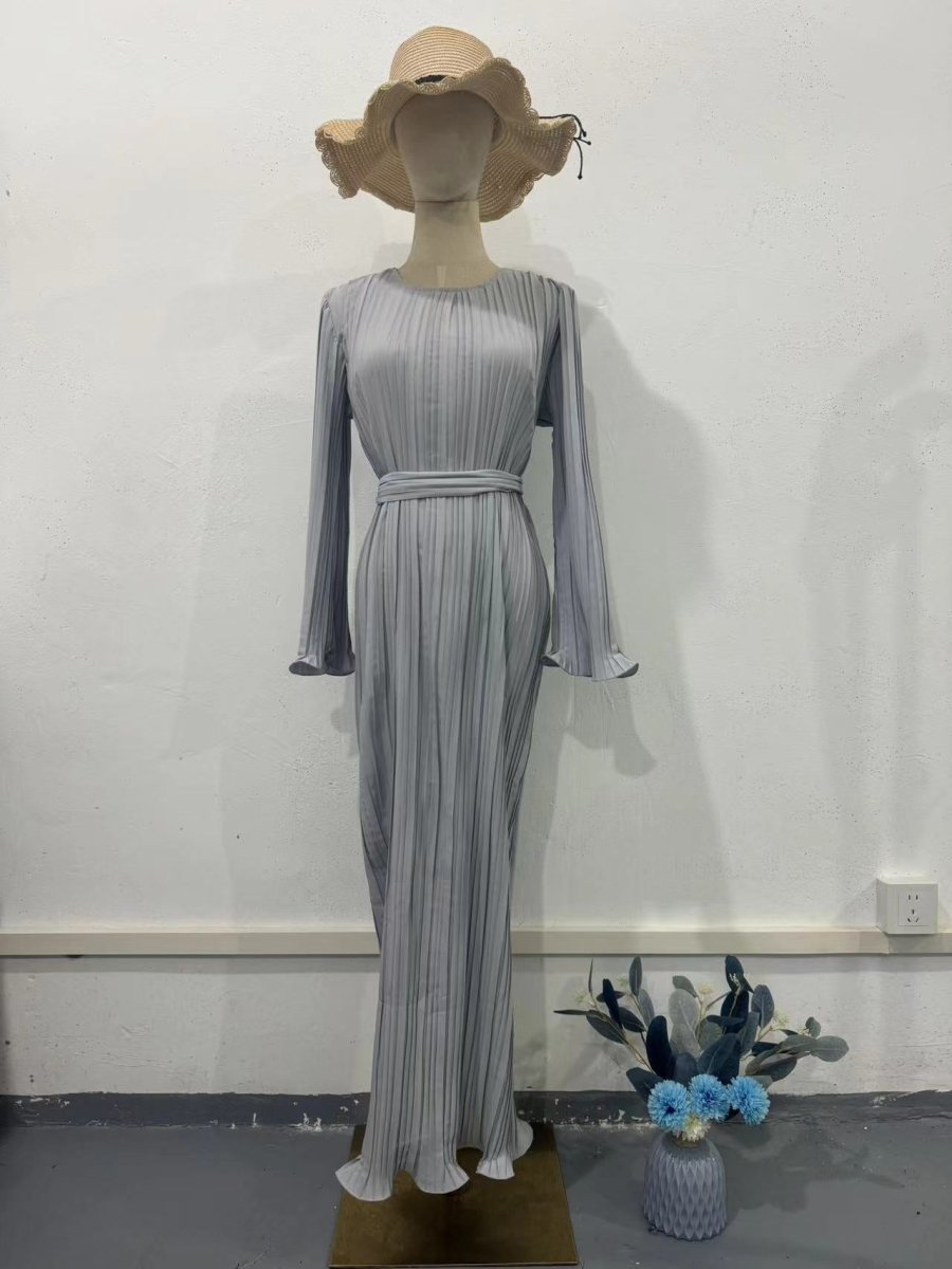 Autumn New Pleated Flared Sleeve Wedding Guest Dress Abaya with Belt(MA193)