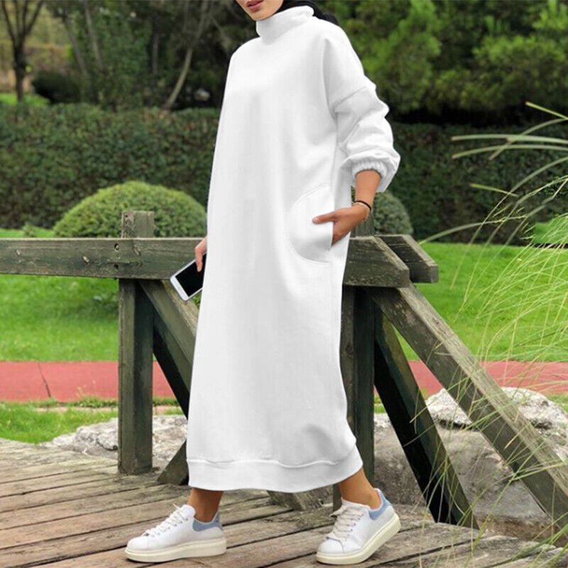 Autumn Winter Lined Turtleneck Maxi Dress | Casual Sweatshirt Dress with Elastic Cuffs (MS138)