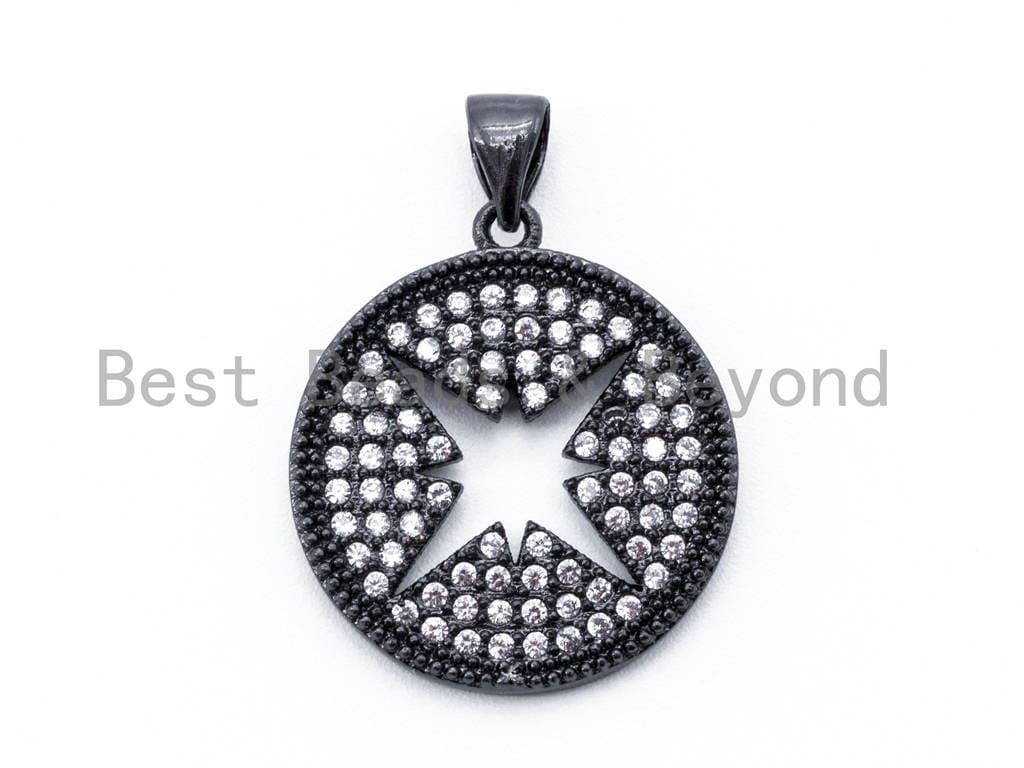 CZ Micro Pave Hollow Star Round Pendant/Charm, Cubic Zirconia Pendant, 18mm, F106