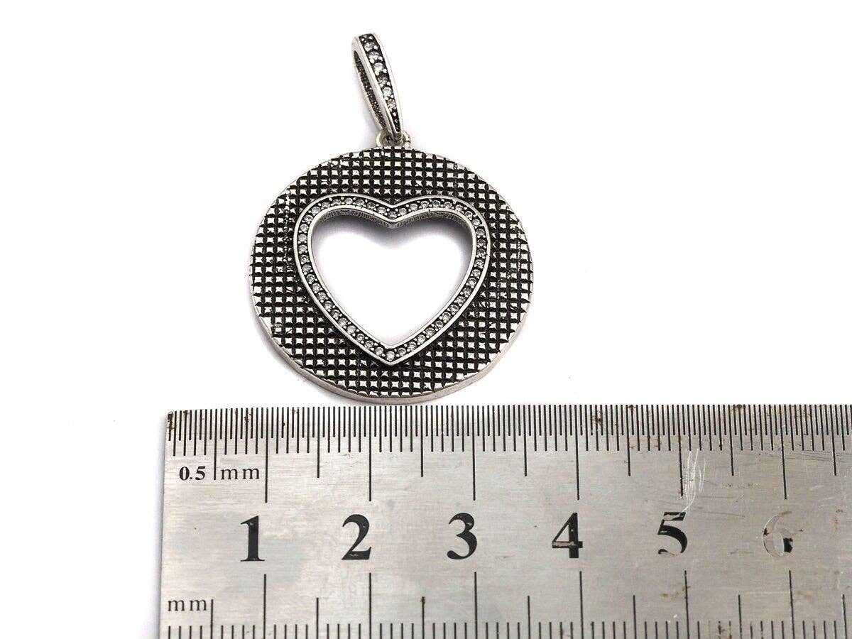 Antique Finish CZ Micro Pave Hollow Out Heart Pendant, Silver Tone, 28x31mm,sku#F991C