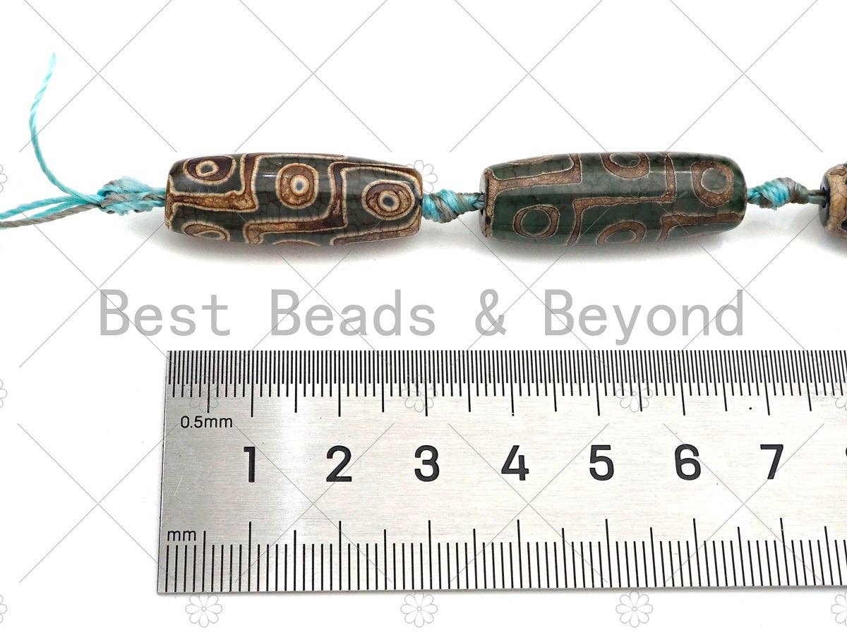 Natural Tibetan Agate Barrel Beads, Green Dzi Drum Beads, Tibetan Dzi Beads, 10x30mm, Sku#U1045