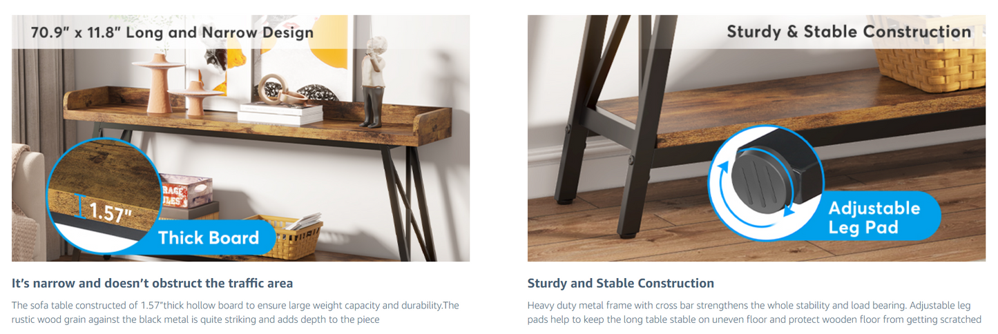 70.9" Extra Long Industrial Console Table, Rustic