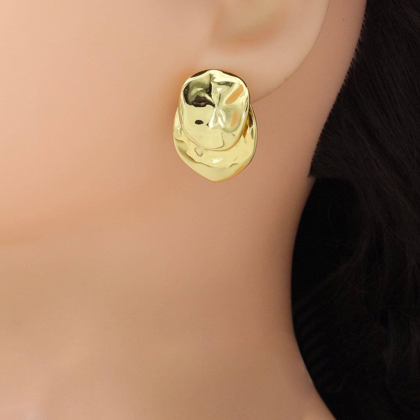 Silver Gold Hammered Oval Shape Statment Earrings, Sku#LD623