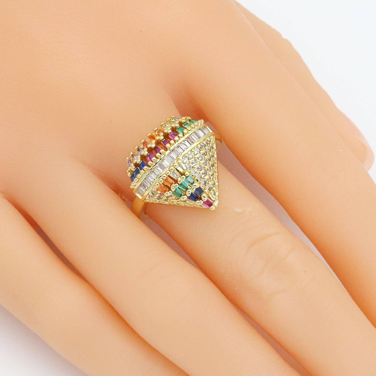 Clear/Colorful CZ Baguette Diamond Shape Statement Adjustable Ring, Sku#LX544