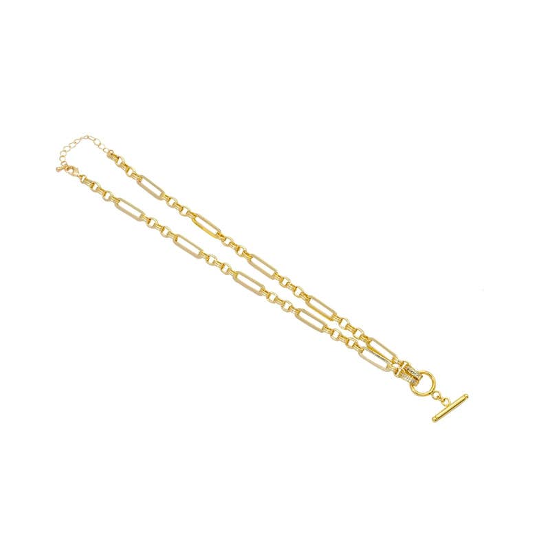 Gold Long Mixed Paperclip Chain OT Bar Adjustable Necklace,s