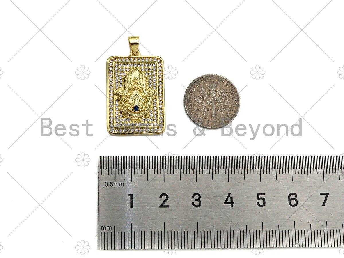 CZ Micro Pave Hamsa Hand On Rectangle Shape Pendant/Charm,Cubic Zirconia Medallion Charm, Necklace Bracelet Charm Pendant,18x28mm, Sku#LK219