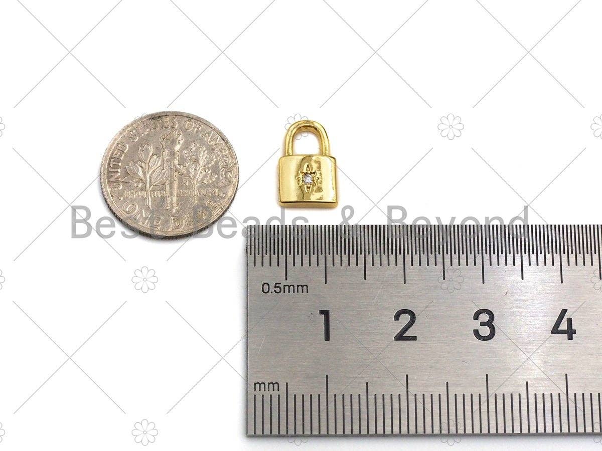 18K Gold Dainty Pad Lock Charm with Pave Star, Pave lock Pendant, Gold/Silver Padlock, 8x12mm, Sku#LK31