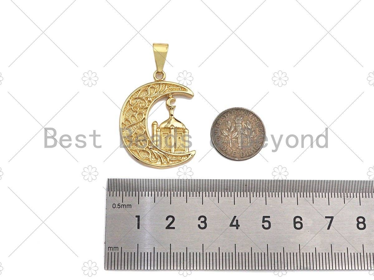 CZ Micro Pave Palace On Cresent Moon Shape Pendant/Charm, Sku#F1358C