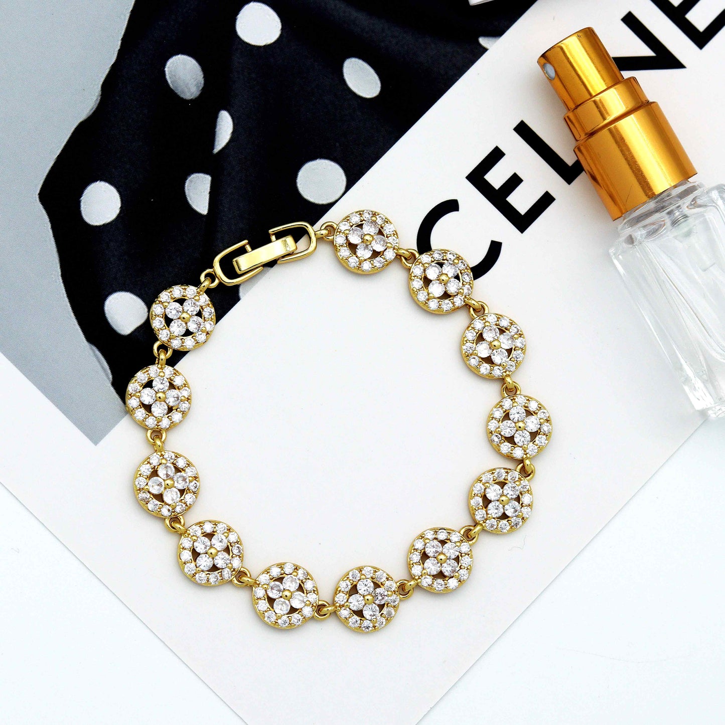 CZ Gold Silver Flower Bezel Setting Bracelet, Sku#B217