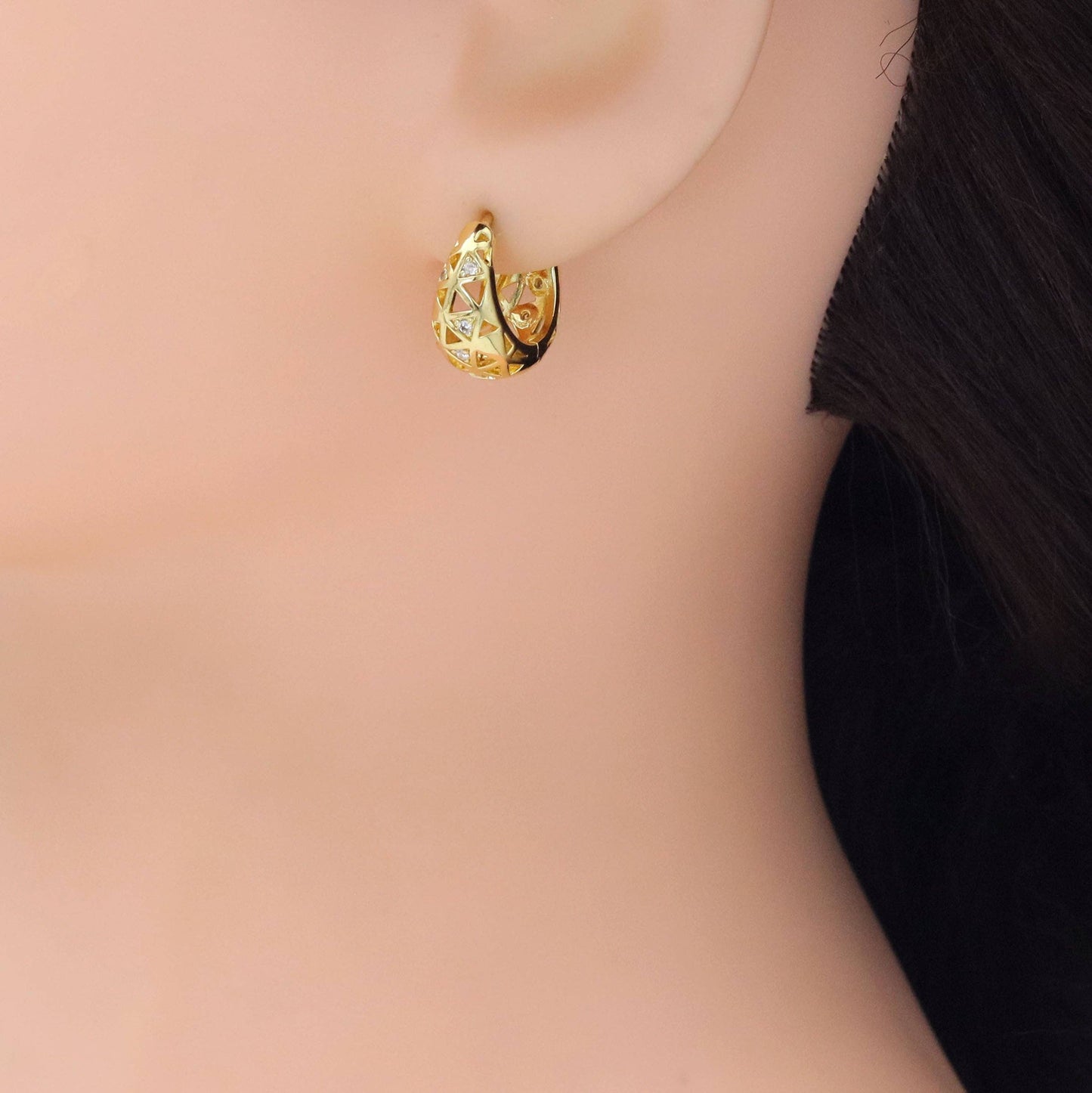 Gold Silver Diamond oval Cage Huggie Earrings, Sku#A233