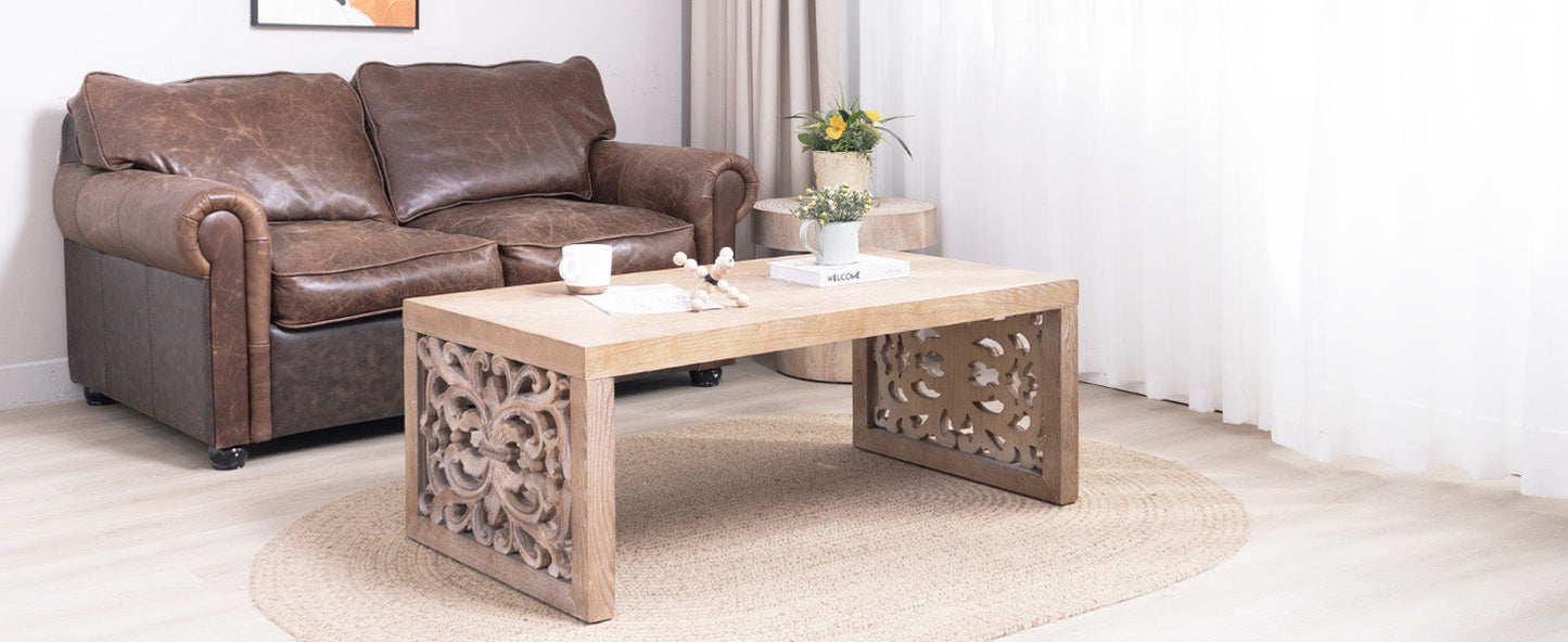 47.2" Rustic Carved Wood Coffee Table
