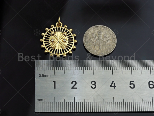 CZ Micro Pave Cross Arrows On Ferris Wheel Charm/Pendant, Round Wheel Shape Charm, Pave Pendant, Gold plated charm, 20mm, Sku#LK127