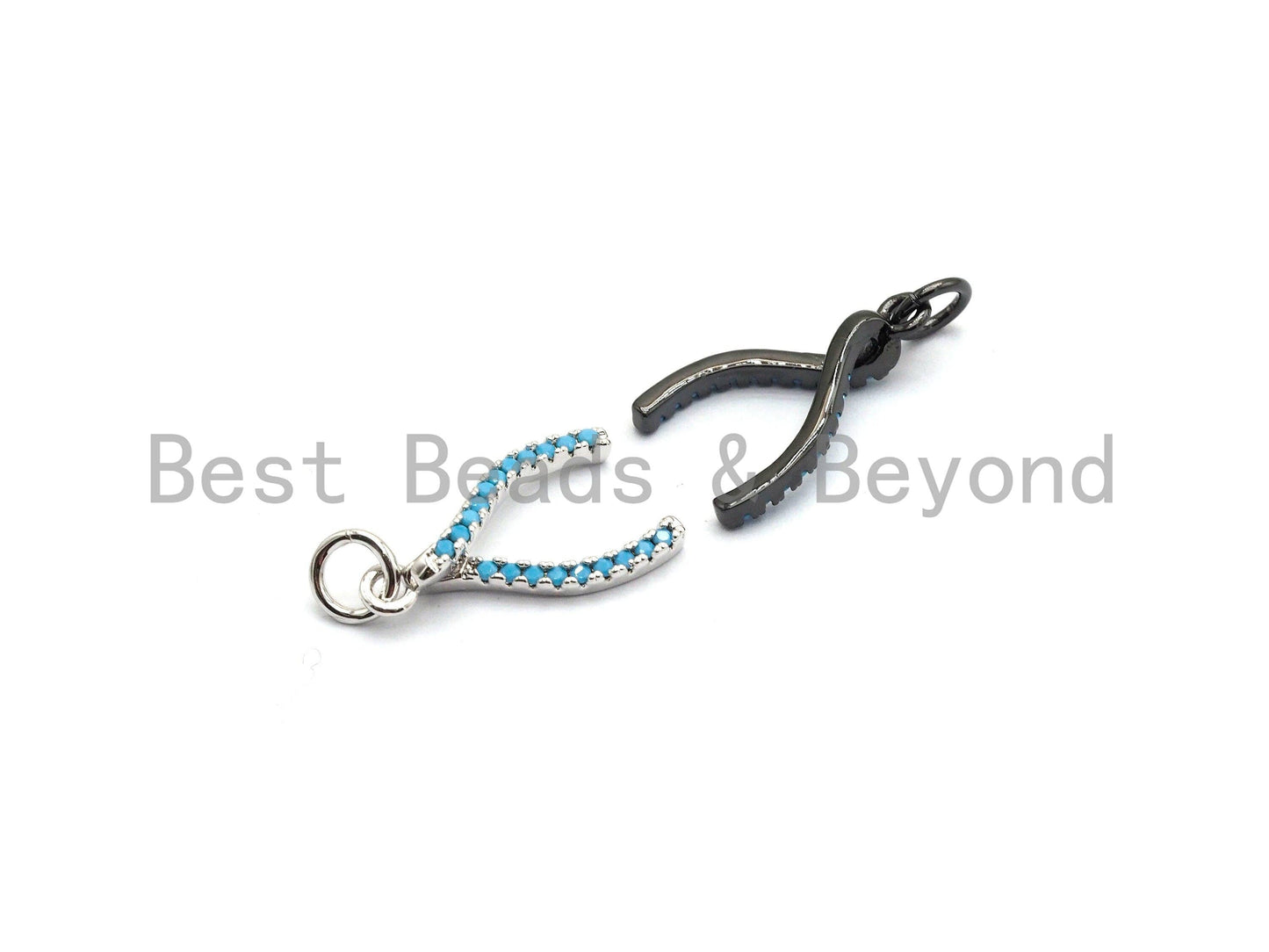 Turquoise CZ Micro Pave Wishbone Charm Pendant for Necklace/Bracelet, Cubic Zirconia Pendant, 10x16mm, sku#Y194