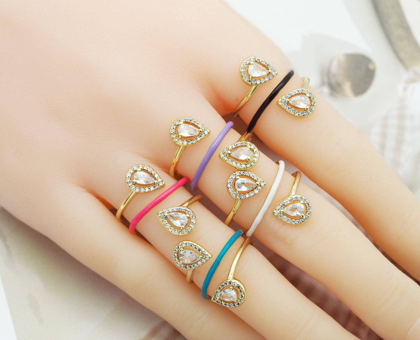 Enamel CZ Pave Gold Teardrop Wrap Ring, Sku#O116