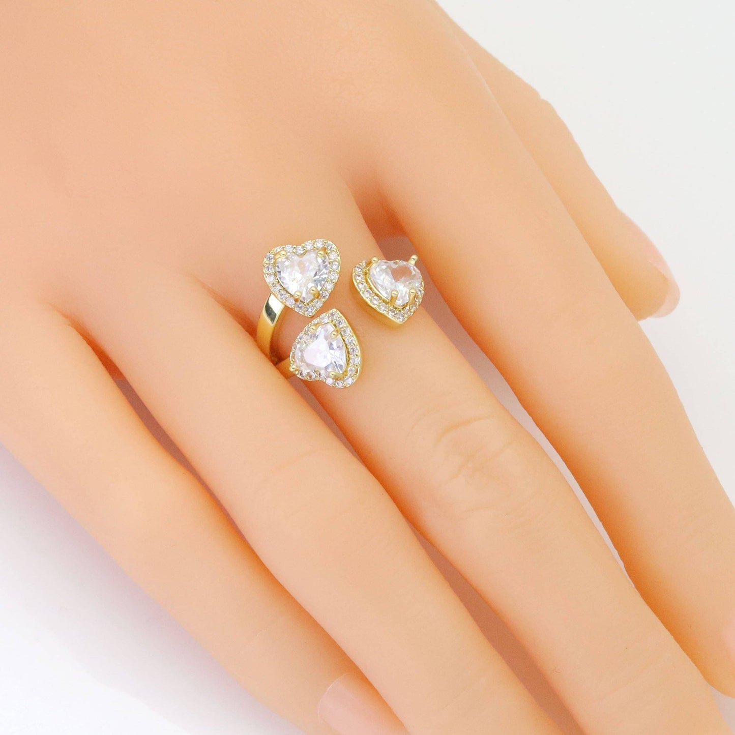 Gold Silver Clear CZ Triple Heart Adjustable Ring, Sku#A149